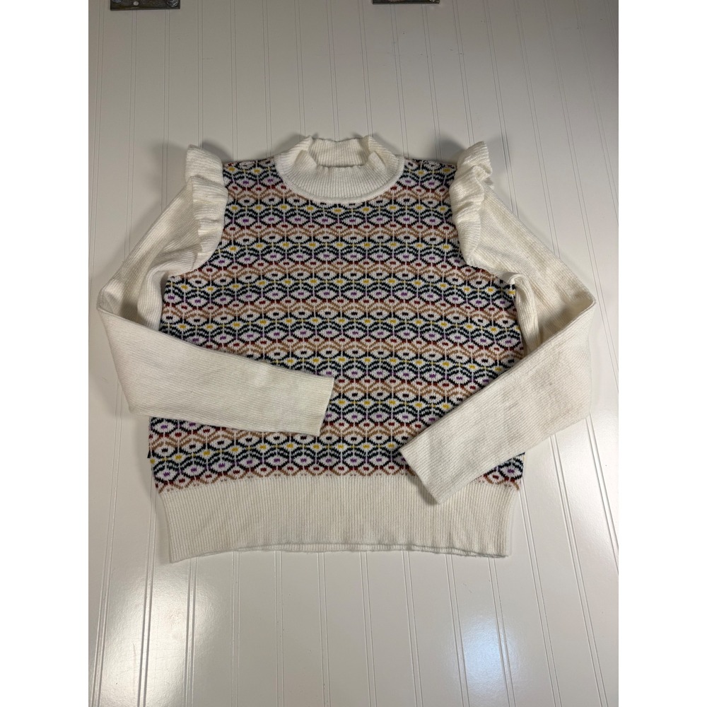Loft Womens Large Ruffle Shoulder Geometric Knit Mock Neck Sweater Multicolor